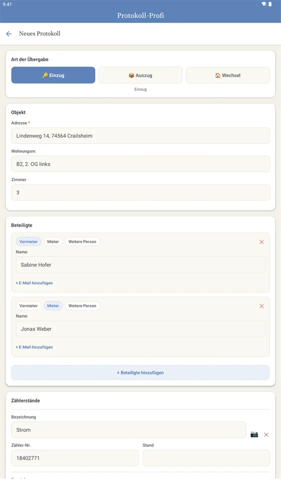 Bildschirm der App Protokoll-Profi: Protokoll anlegen