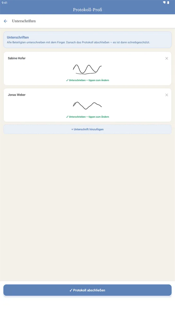 Bildschirm der App Protokoll-Profi: Beide unterschreiben