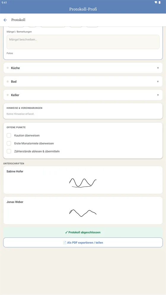Bildschirm der App Protokoll-Profi: PDF erzeugen und weitergeben