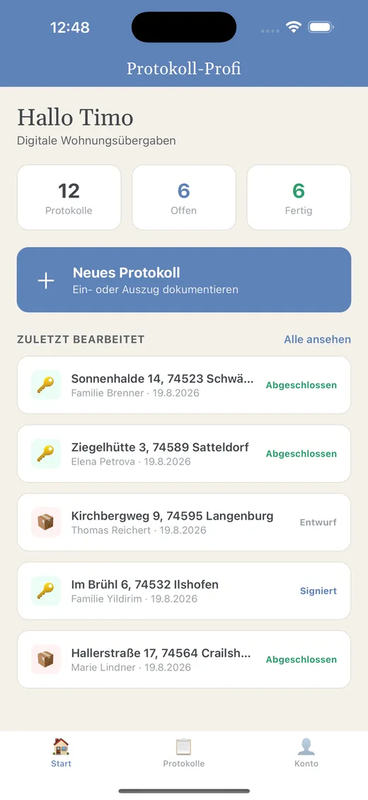 Startbildschirm der App Protokoll-Profi